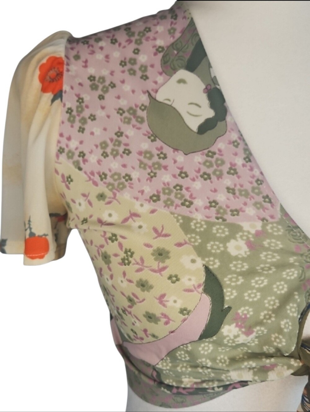 Kawaii Kimono Crop Top Japanese Whimsy Jade Green Pink Cream Bell Sleeves *XS - Picture 4 of 10